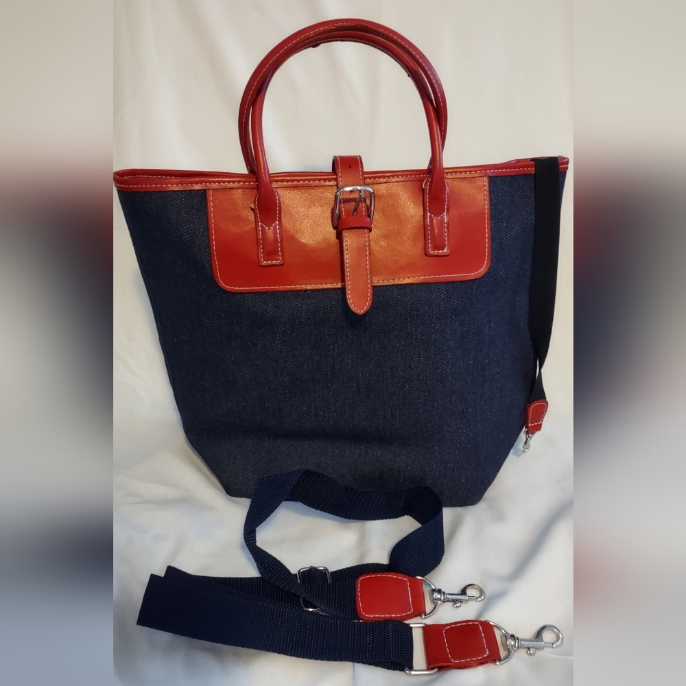 Denim and red purse